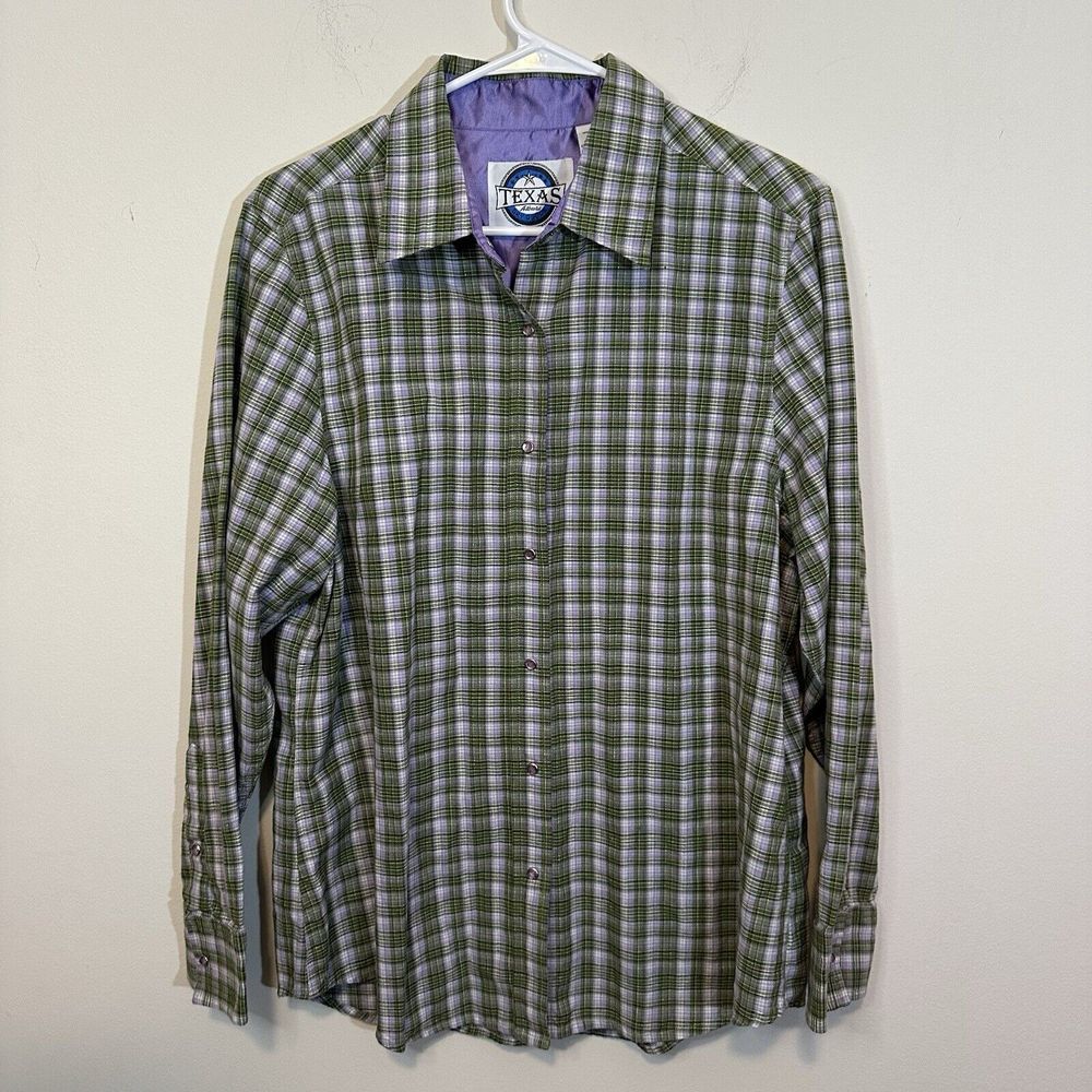 Texas  Dry Goods Shirt Women Large Green Purple Jewel Snap Plaid‎ Cotton L/S